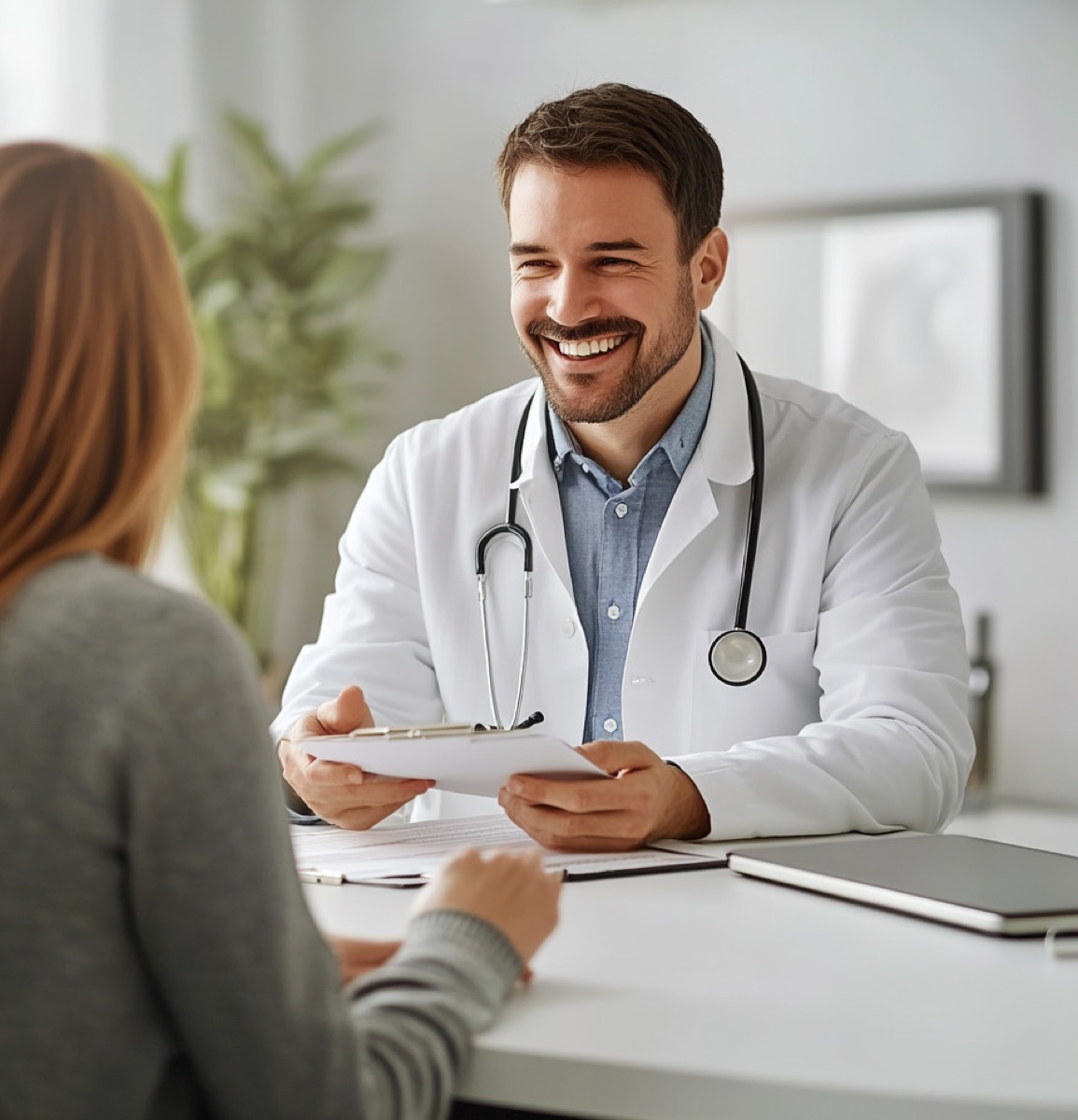 A physician in conversation across a desk